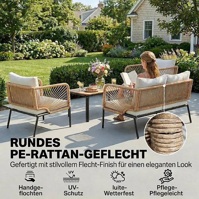 Outsunny Loungemöbel-Set - 4 -tlg., Metall, PE-Rattan, WPC, Polyester, Schaumstoff, PP-Baumwolle, Weiß, Braun - Outdoor-Lounge-Set mit hellbraunen runden PE-Rattan-Sesseln mit weißen Kissen und Holztisch, im Garten genutzt.