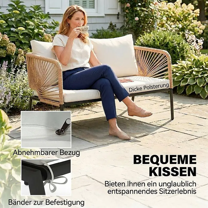 Outsunny Loungemöbel-Set - 4 -tlg., Metall, PE-Rattan, WPC, Polyester, Schaumstoff, PP-Baumwolle, Weiß, Braun - Frau entspannt auf einem beigen Korbgeflecht-Outdoor-Sofa mit schwarzen Beinen und dicken, bequemen weißen Kissen mit abnehmbaren Bezügen und Bändern.