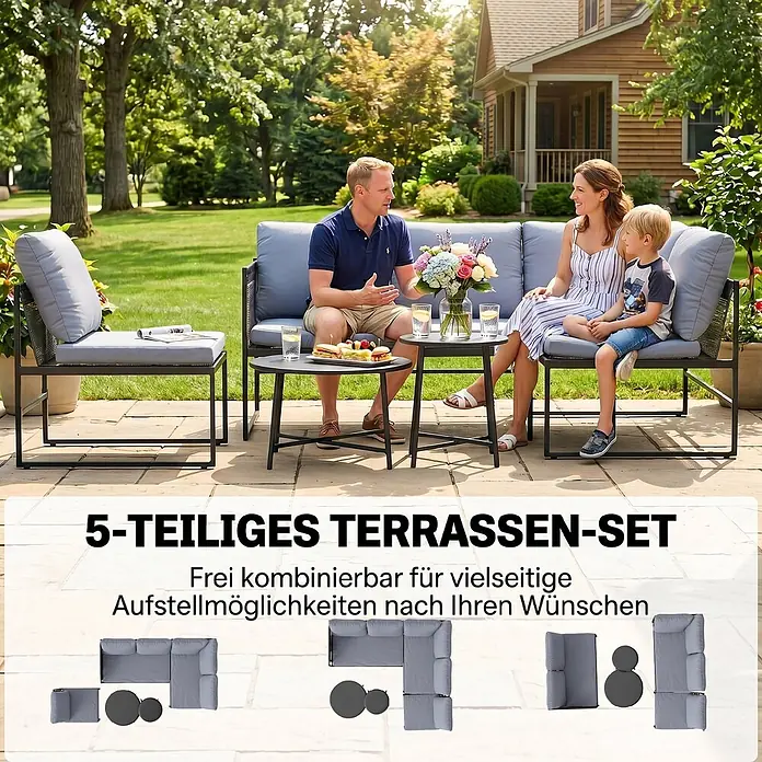 Outsunny Loungemöbel-Set - 5 -tlg., Stahl, Netzstoff, Polyester, Schaumstoff, PP-Baumwolle, Dunkelgrau - Familie entspannt auf 5-teiligem, grauem Terrassenmöbel-Set mit schwarzem Rahmen (Sofa, Sessel, 2 Tische) auf einer Terrasse.