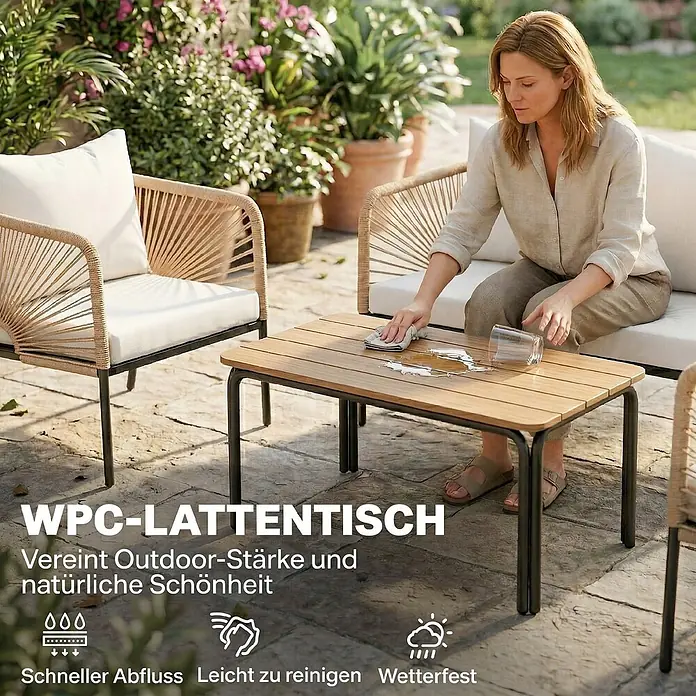 Outsunny Loungemöbel-Set - 4 -tlg., Metall, PE-Rattan, WPC, Polyester, Schaumstoff, PP-Baumwolle, Weiß, Braun - Outdoor WPC-Lattentisch mit Holzoptik-Platte und schwarzen Beinen, wird auf einer Terrasse gereinigt.