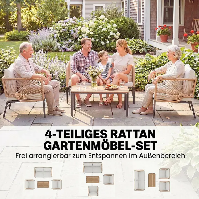 Outsunny Loungemöbel-Set - 4 -tlg., Metall, PE-Rattan, WPC, Polyester, Schaumstoff, PP-Baumwolle, Weiß, Braun - 4-teiliges hellbraunes Rattan-Gartenmöbelset mit weißen Kissen und Holztischplatte, im Garten genutzt.