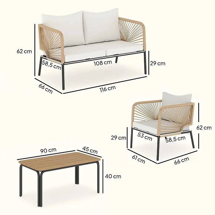 Outsunny Loungemöbel-Set - 4 -tlg., Metall, PE-Rattan, WPC, Polyester, Schaumstoff, PP-Baumwolle, Weiß, Braun - Gartenmöbel-Set mit hellem Seilgeflecht, weißen Kissen, dunklen Metallrahmen und Couchtisch mit Holzplatte, Maße angezeigt.