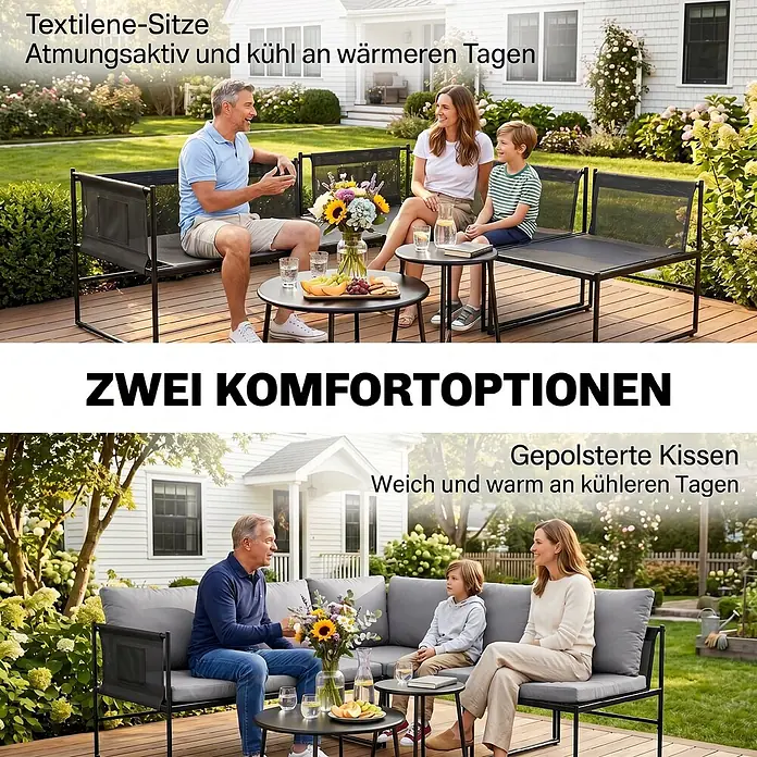 Outsunny Loungemöbel-Set - 5 -tlg., Stahl, Netzstoff, Polyester, Schaumstoff, PP-Baumwolle, Dunkelgrau - Outdoor-Lounge-Set mit zwei Komfortoptionen: atmungsaktives Textilene für warme Tage und weiche Polster für kühle Tage, mit Familien im Garten.