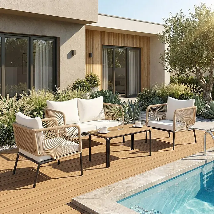 Outsunny Loungemöbel-Set - 4 -tlg., Metall, PE-Rattan, WPC, Polyester, Schaumstoff, PP-Baumwolle, Weiß, Braun - Outdoor-Möbelset mit zwei beigen Korbsesseln, passendem Sofa mit weißen Kissen und Holztisch auf einer Terrasse am Pool.