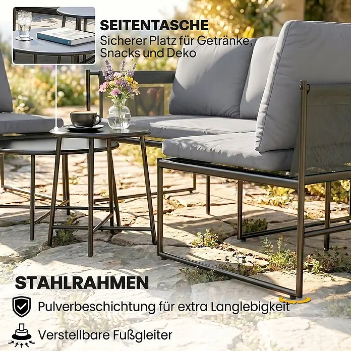 Outsunny Loungemöbel-Set - 5 -tlg., Stahl, Netzstoff, Polyester, Schaumstoff, PP-Baumwolle, Dunkelgrau - Dunkelgraues Gartensofa mit hellgrauen Polstern und passenden Beistelltischen aus pulverbeschichtetem Stahl auf einer Terrasse.