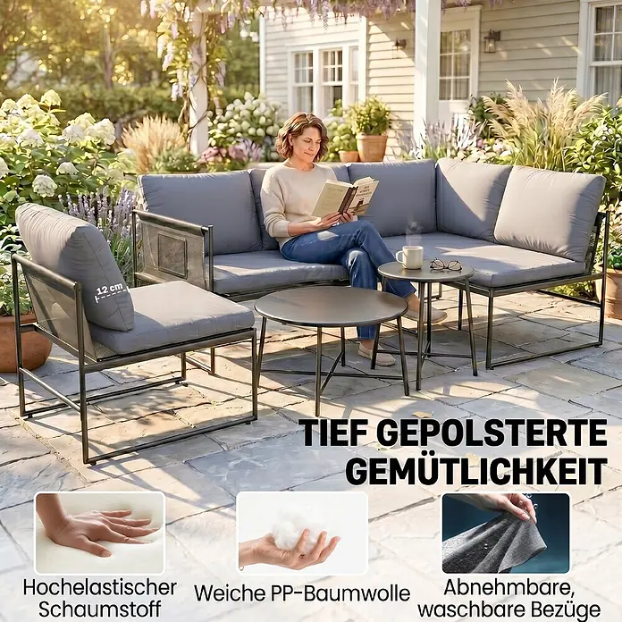 Outsunny Loungemöbel-Set - 5 -tlg., Stahl, Netzstoff, Polyester, Schaumstoff, PP-Baumwolle, Dunkelgrau - Graue Outdoor-Lounge-Gruppe: Sofa, Sessel, Tische, mit lesenden Frau. Kissen aus hochelastischem Schaumstoff, weicher Füllung, abnehmbare Bezüge.