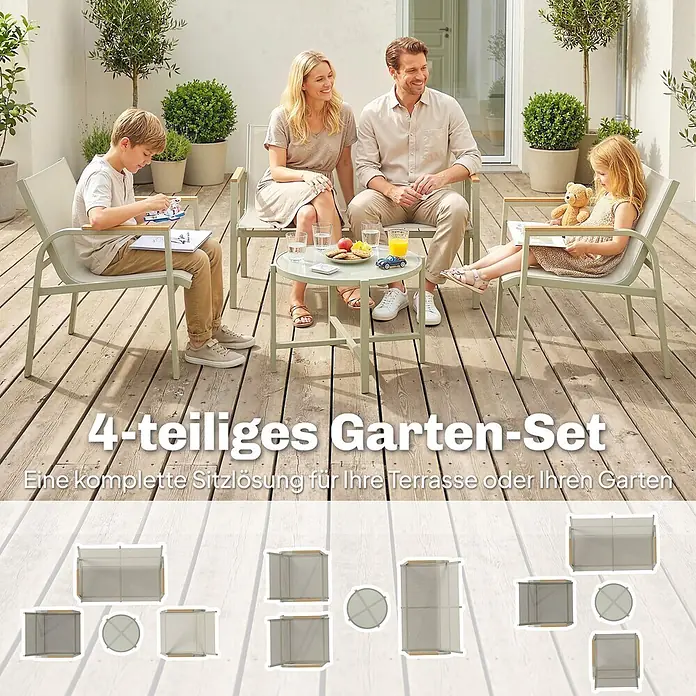 Outsunny Loungemöbel-Set - 4 -tlg., Metall, Texteline, Sicherheitsglas, Grün - 4-teiliges Gartenmöbel-Set in Salbeigrün mit Holzdetails, von einer Familie auf einer Terrasse genutzt.