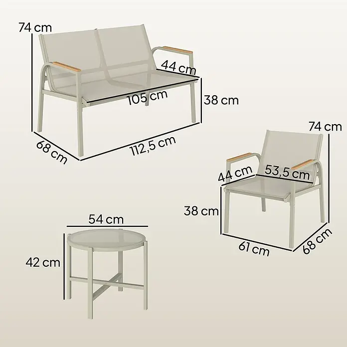 Outsunny Loungemöbel-Set - 4 -tlg., Metall, Texteline, Sicherheitsglas, Grün - Outdoor-Sitzgruppe in Hellgrau mit Zweiersofa, Sessel und Beistelltisch, detaillierte Maße angegeben.