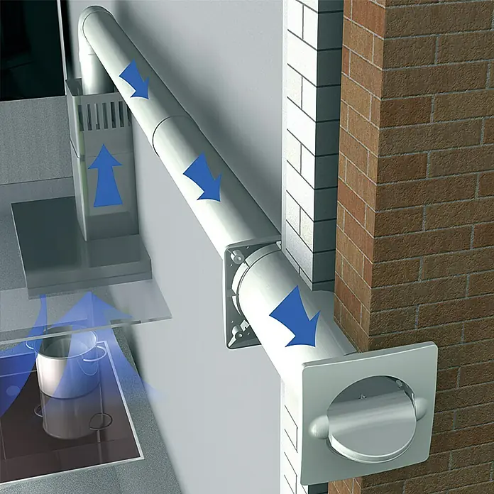 Air-Circle Aeroboy Energiespar-Mauerkasten - Durchmesser: 150 mm, Max. Luftleistung: 600 m³/h, Weiß - Dunstabzugshaube mit Abluftrohrsystem und blauen Pfeilen, die den Luftstrom visualisieren. Design für moderne Küchen.