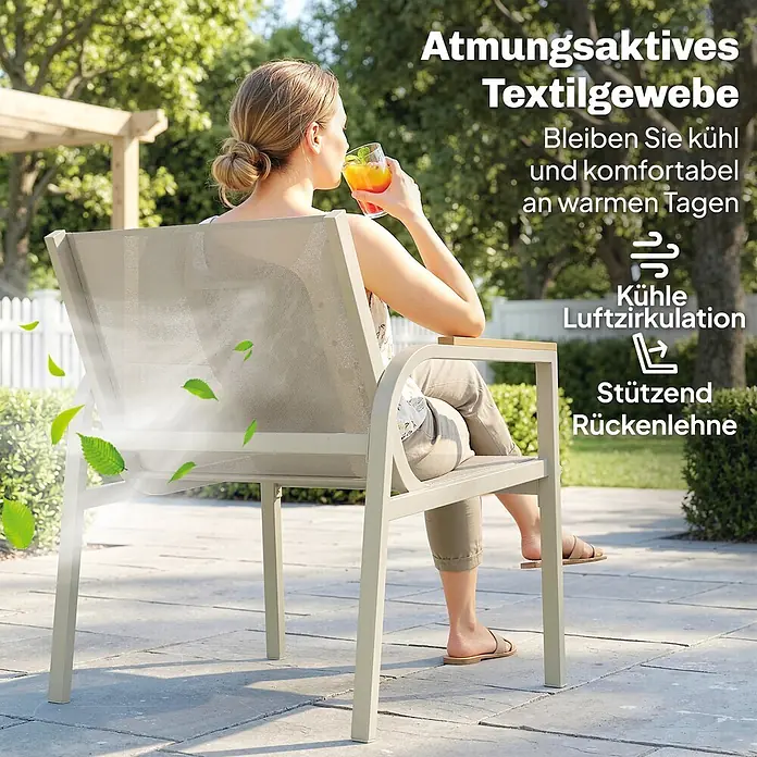 Outsunny Loungemöbel-Set - 4 -tlg., Metall, Texteline, Sicherheitsglas, Grün - Beiger Outdoor-Stuhl aus atmungsaktivem Textilgewebe, der Komfort und Kühlung an warmen Tagen bietet.
