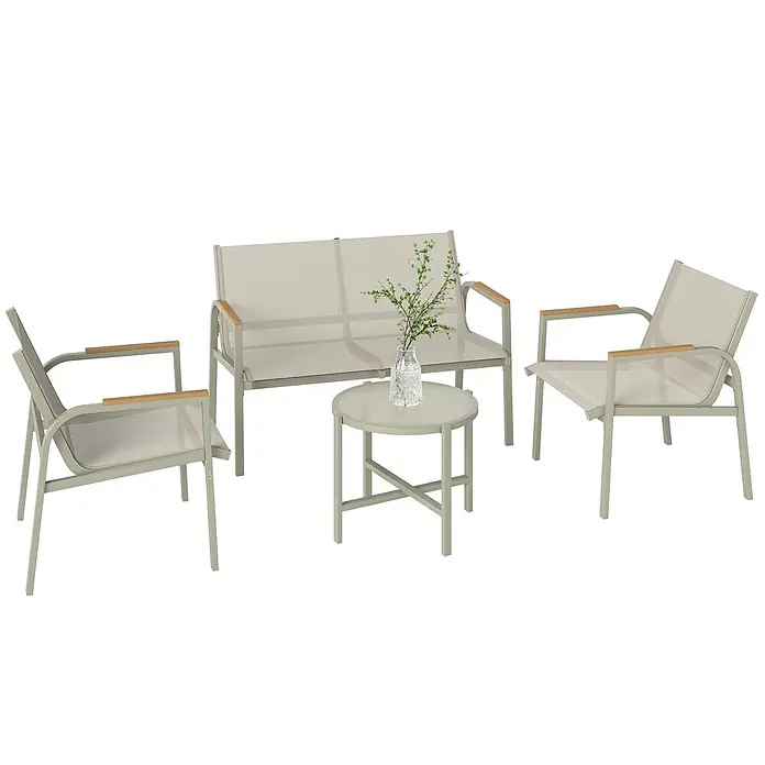 Outsunny Loungemöbel-Set - 4 -tlg., Metall, Texteline, Sicherheitsglas, Grün - Helles graues Gartenmöbel-Set mit einem Zweisitzer-Sofa, zwei Sesseln und einem runden Tisch, mit Holzarmlehnen.