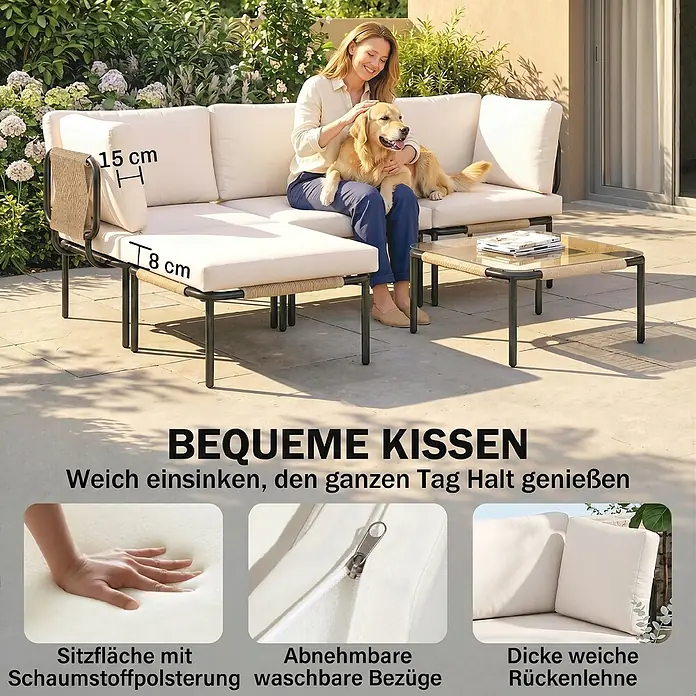 Outsunny Loungemöbel-Set - 5 -tlg., PE Rattan, Stahl, Polyester, Gehärtetes Glas, inkl. Kissen, Khaki - Helles beigefarbenes Lounge-Set für draußen mit dicken Kissen (8-15cm), Schaumstoffpolsterung und abnehmbaren Bezügen. Eine Frau und ein Hund entspannen darauf.