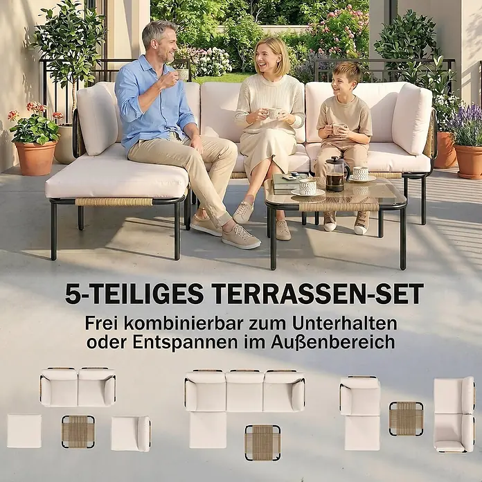 Outsunny Loungemöbel-Set - 5 -tlg., PE Rattan, Stahl, Polyester, Gehärtetes Glas, inkl. Kissen, Khaki - 5-teiliges modulares Terrassenset mit weißen Polstern, schwarzem Rahmen und Rattan-Details, von Familie im Freien genutzt zur Entspannung.
