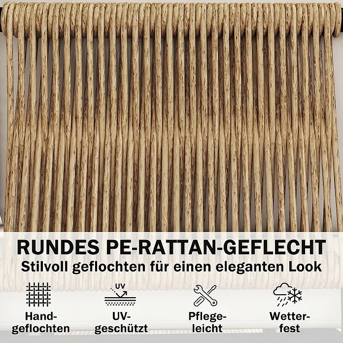 Outsunny Loungemöbel-Set - 5 -tlg., PE Rattan, Stahl, Polyester, Gehärtetes Glas, inkl. Kissen, Khaki - Vertikale, hellbraune PE-Rattan-Stäbe bilden ein stilvolles, rundes Geflecht.