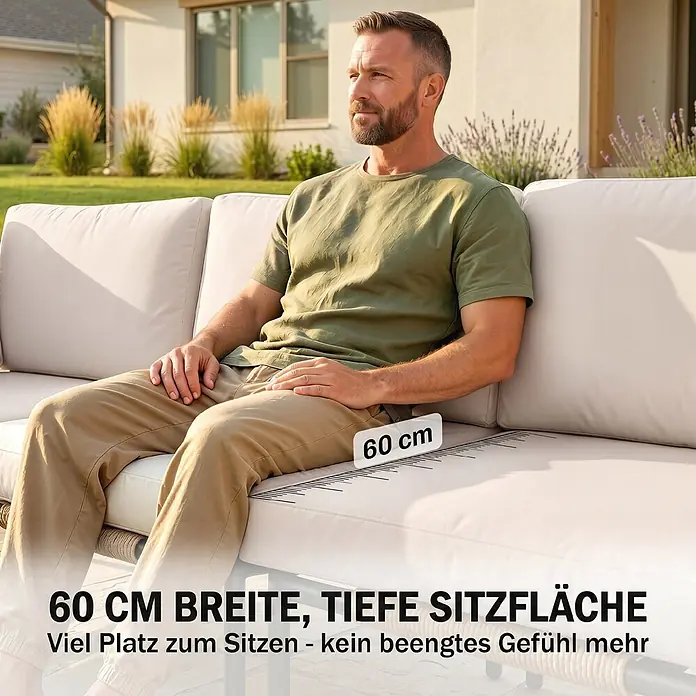 Outsunny Loungemöbel-Set - 5 -tlg., PE Rattan, Stahl, Polyester, Gehärtetes Glas, inkl. Kissen, Khaki - Mann entspannt auf einem geräumigen, hellen Outdoor-Sofa mit 60 cm tiefen Kissen im Garten.