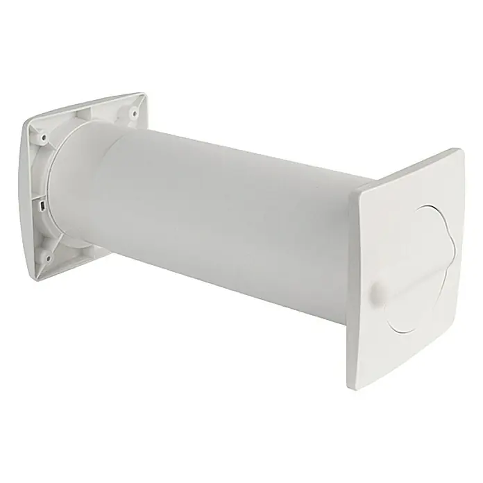 Air-Circle Aeroboy Energiespar-Mauerkasten - Durchmesser: 150 mm, Max. Luftleistung: 600 m³/h, Weiß - Eine weiße, rechteckige Wandhaube mit einem runden Lüftungskanal, der für eine optimale Luftzirkulation sorgt.
