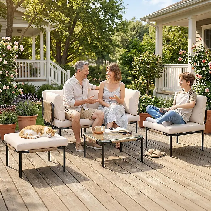 Outsunny Loungemöbel-Set - 5 -tlg., PE Rattan, Stahl, Polyester, Gehärtetes Glas, inkl. Kissen, Khaki - Outdoor-Loungemöbel-Set mit schwarzen Metallrahmen, cremefarbenen Kissen und Seildetails, genutzt von einer Familie auf einer Holzterrasse.