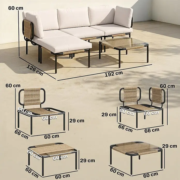 Outsunny Loungemöbel-Set - 5 -tlg., PE Rattan, Stahl, Polyester, Gehärtetes Glas, inkl. Kissen, Khaki - Outdoor-Lounge-Möbelset mit hellen Kissen und naturfarbenen Flechtelementen auf schwarzen Rahmen, Maße abgebildet.