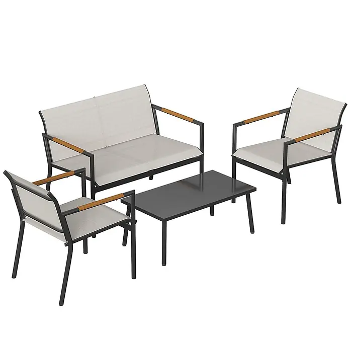 Outsunny Loungemöbel-Set - 4 -tlg., Metall, Netzstoff, Cremeweiß - Outdoor-Möbelset mit dunkelgrauen Metallrahmen, hellgrauer Textilbespannung, Holzarmlehnen und passendem rechteckigen dunkelgrauen Couchtisch.