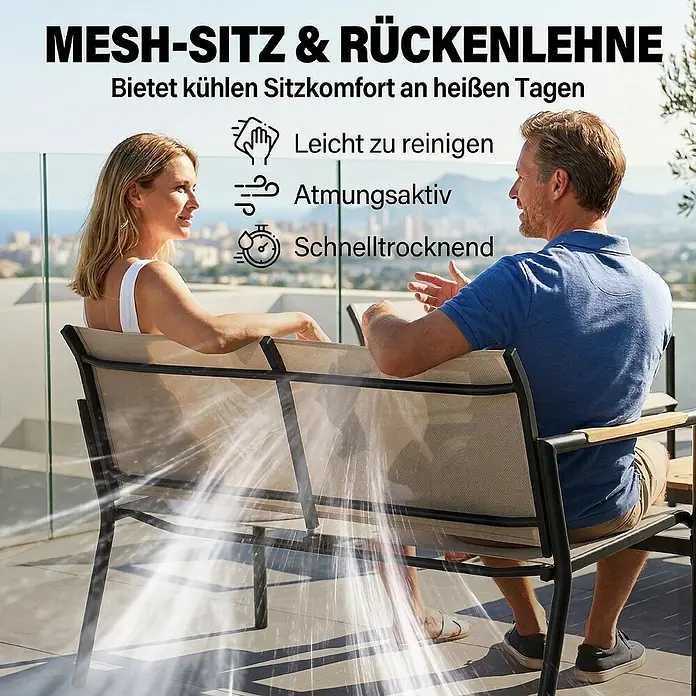 Outsunny Loungemöbel-Set - 4 -tlg., Metall, Netzstoff, Cremeweiß - Zwei Personen entspannen auf hellbraunen Netz-Outdoorstühlen auf einer sonnigen Terrasse, Betonung des atmungsaktiven und schnelltrocknenden Materials.