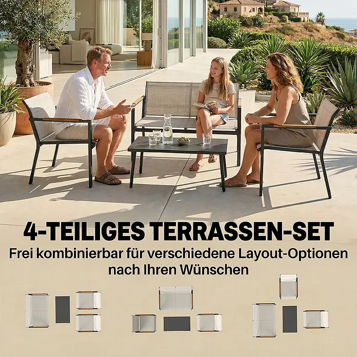 Outsunny Loungemöbel-Set - 4 -tlg., Metall, Netzstoff, Cremeweiß - 4-teiliges modulares und frei kombinierbares Terrassen-Set mit Sitzmöbeln und Couchtisch. In Gebrauch auf einer Terrasse gezeigt.