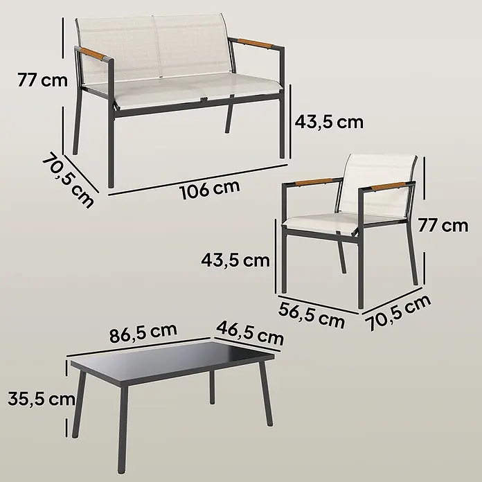 Outsunny Loungemöbel-Set - 4 -tlg., Metall, Netzstoff, Cremeweiß - Dunkelgraues Outdoor-Set aus Bank, Stuhl und Tisch mit hellen Netzsitzen und hölzernen Armlehnen. Maße sind angegeben.