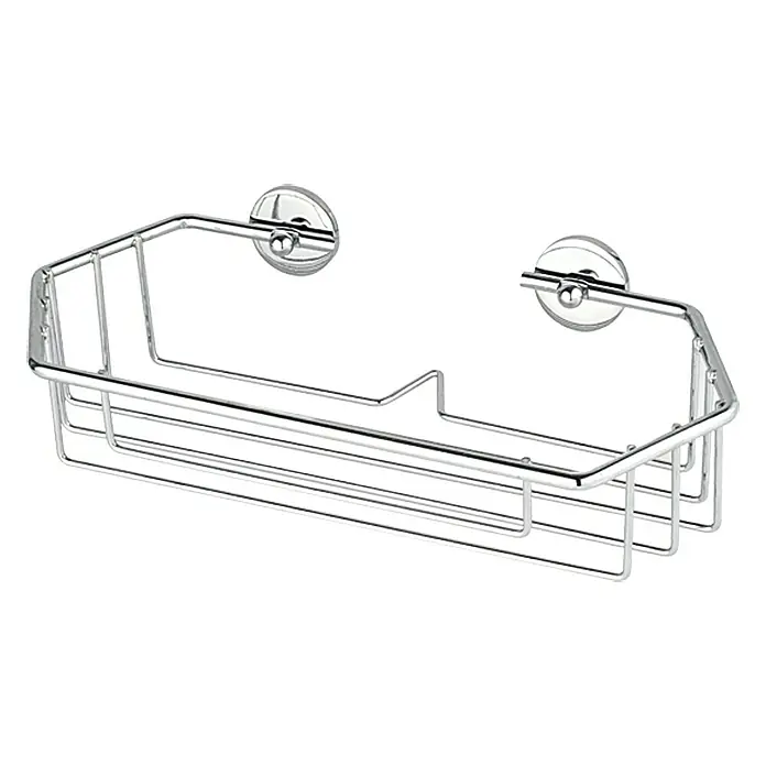 Tesa Cesta de baño BT140P - 270 x 126 x 77 mm, Metal, De un piso, Hexagonal - En la imagen se ve una estantería de ducha cromada para baño, para guardar utensilios de baño, que se monta en la pared.