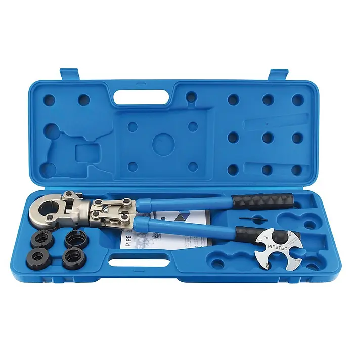 Sanicomfort Handpresszange - Edelstahl, Durchmesser: 16 mm - Blauer Presswerkzeugsatz in blauem Koffer, mit manuellem Presswerkzeug, verschiedenen Pressbacken und einer Größenlehre.