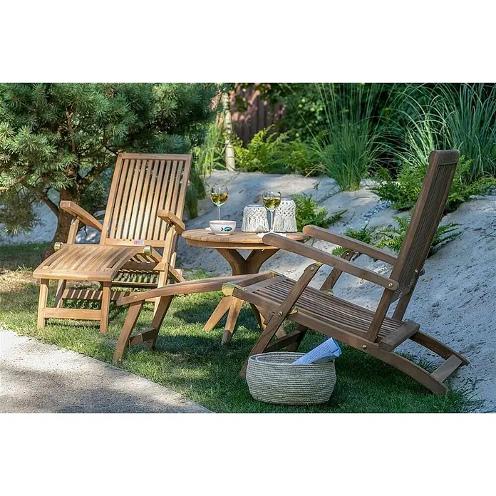 Bene Living Gartenliegen-Set Deckchair Yacht & Tisch Burton - B x T: 170 x 60 cm, braun, Naturmaterialien, Rückenlehne verstellbar - Zwei hölzerne Liegestühle und ein passender Tisch im Freien zur Entspannung.