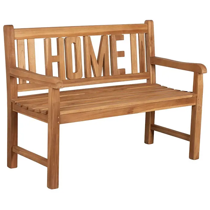 Bene Living Gartenbank Swindon - Teakholz, Natur - Braune Holzbank mit dem Wort 'HOME' in der Rückenlehne ausgeschnitten.