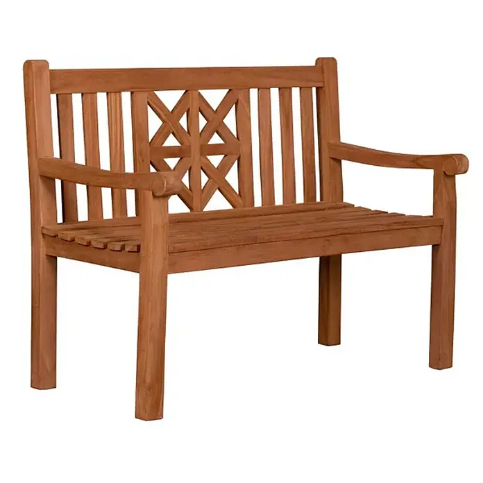 Bene Living Gartenbank Sailor - Teakholz, Natur - Hölzerne Gartenbank mit Lattenrostsitz, dekorativer Kreuzmuster-Rückenlehne und geschwungenen Armlehnen.