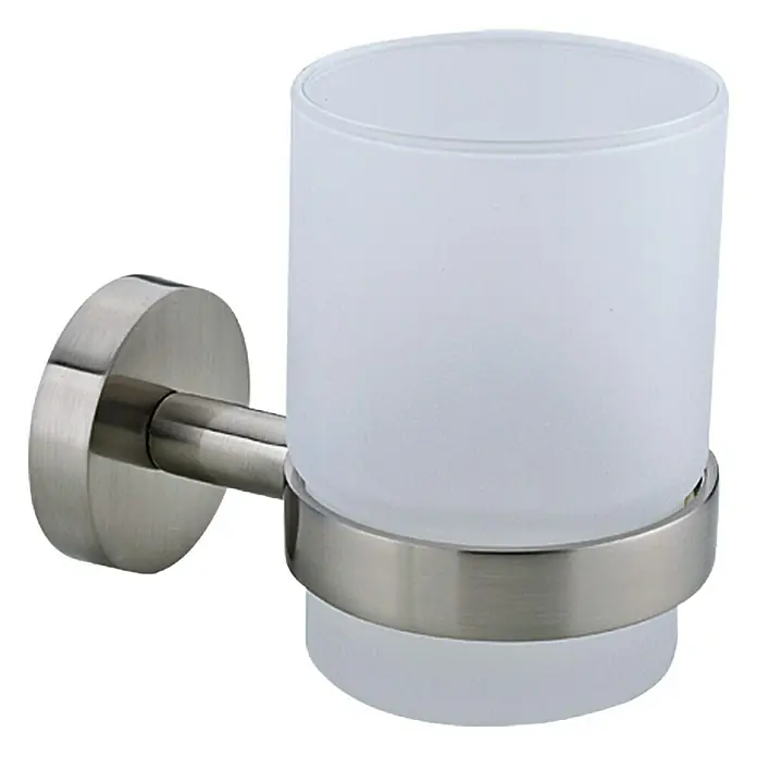 Tesa Zahnputzbecher MO145 - Mit Halterung, Edelstahl, Matt - Ein moderner, satinierter Glas-Zahnputzbecher mit Halterung in gebürstetem Nickel für das Badezimmer.