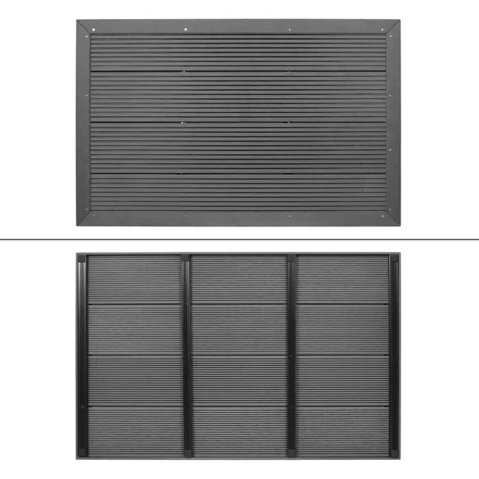 ML-Design Solardusche Fußdusche und Regenduschkopf - Höhe: 210 cm, Kunststoff, Silber, Schwarz, 20 l - Graues, geriffeltes Verbundplattenelement als einzelne Terrassenfliese und als Zaunabschnitte mit dunklen Pfosten.