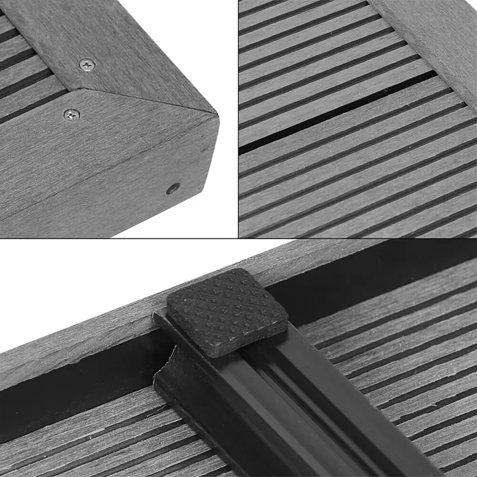 ML-Design Solardusche Fußdusche und Regenduschkopf - Höhe: 210 cm, Kunststoff, Silber, Schwarz, 20 l - Detail einer grauen WPC-Terrassenfliese mit geriffelter Oberfläche, sichtbaren Schrauben und schwarzer Anti-Rutsch-Unterseite.