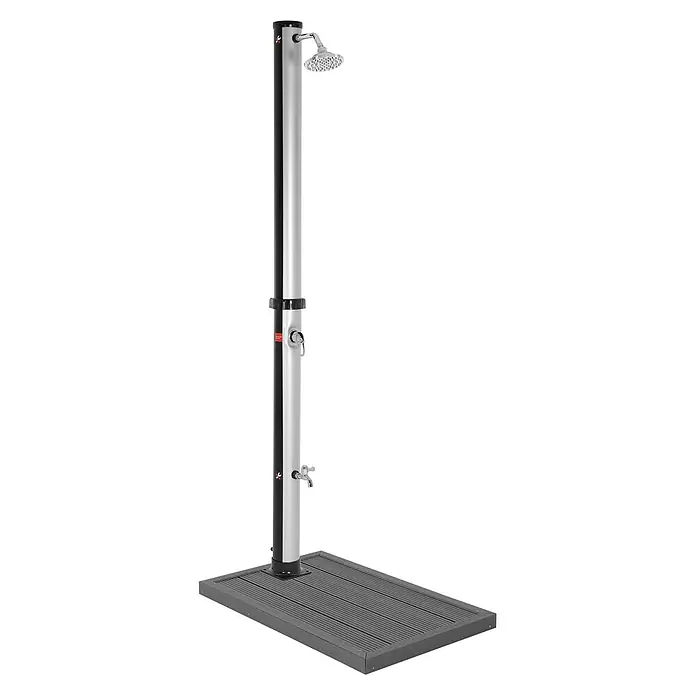 ML-Design Solardusche Fußdusche und Regenduschkopf - Höhe: 210 cm, Kunststoff, Silber, Schwarz, 20 l - Silber-schwarze Außendusche mit Chrom-Duschkopf, integriertem Wasserhahn und grauem Lattenrost.