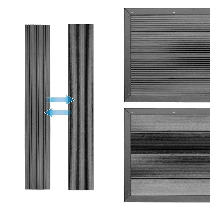 ML-Design Solardusche Fußdusche und Regenduschkopf - Höhe: 210 cm, Kunststoff, Silber, Schwarz, 20 l - Dunkelgraue gerillte WPC-Dielen und modulare Terrassenplatten. Pfeile zeigen Verbindung.