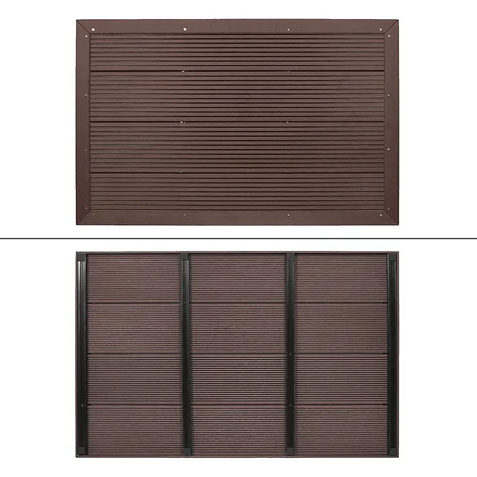 ML-Design Solardusche Fußdusche und Regenduschkopf - Kunststoff, Silber, Schwarz, 35 l - Braunes WPC-Zaunelement mit Querleisten; zwei Ansichten zeigen Vorder- und Rückseite mit schwarzen Stützen.