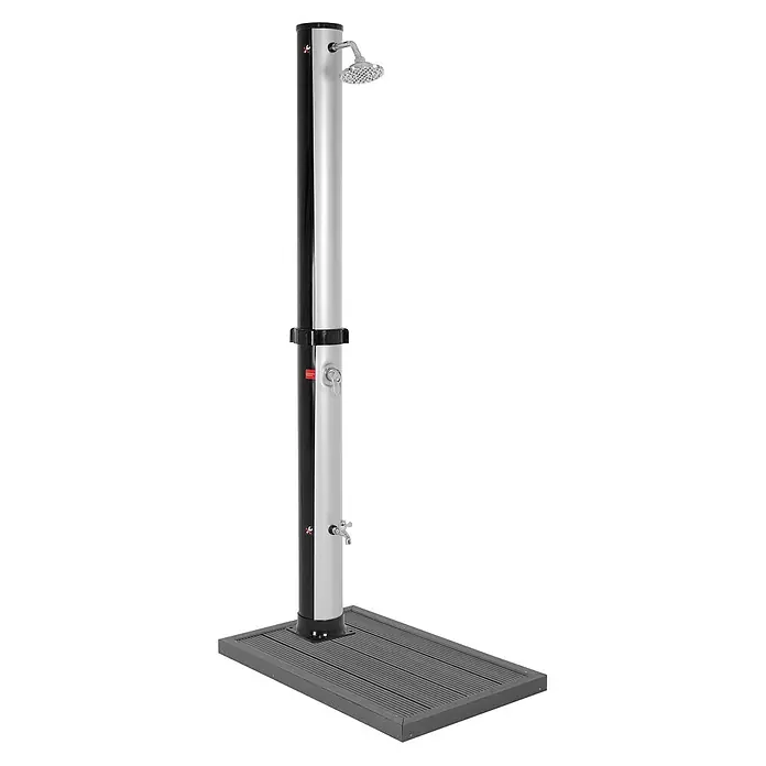 ML-Design Solardusche Fußdusche und Regenduschkopf - Höhe: 217,5 cm, Kunststoff, Silber, Schwarz, 35 l - Zweifarbige schwarz-silberne Solar-Außendusche mit rundem Duschkopf, einem unteren Wasserhahn und einer grauen geriffelten Bodenplatte.
