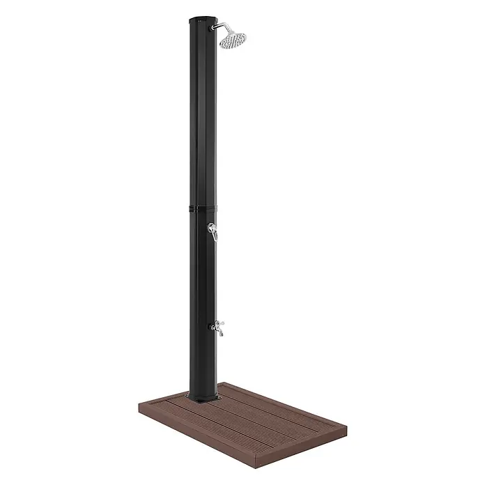 ML-Design Solardusche Fußdusche und Regenduschkopf - Höhe: 217 cm, Kunststoff, Schwarz, 35 l - Schwarze Außendusche mit Solarfunktion, Chrom-Duschkopf, Mischer, Fußhahn und brauner WPC-Basis.
