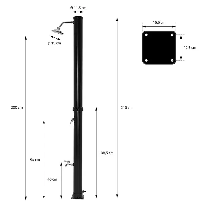 ML-Design Solardusche Fußdusche und Regenduschkopf - Höhe: 210 cm, Kunststoff, Schwarz, 20 l - Schwarze Außendusche mit Duschkopf und Wasserhahn. Abmessungen für Höhe und Basis sind angegeben.