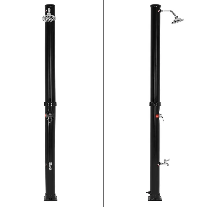 ML-Design Solardusche Fußdusche und Regenduschkopf - Höhe: 210 cm, Kunststoff, Schwarz, 20 l - Zwei schwarze Außenduschen, eine mit festem Duschkopf und die andere mit angewinkeltem Duschkopf, beide mit einem Wasserhahn.
