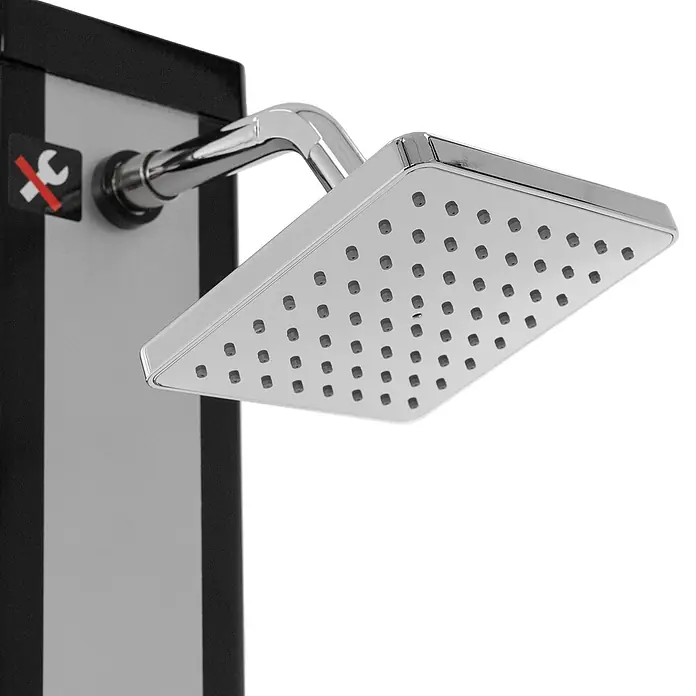 ML-Design Solardusche Fußdusche und Regenduschkopf - Höhe: 217 cm, Kunststoff, Silber, Schwarz, 40 l - Quadratischer Chrom-Duschkopf an einer Platte montiert, mit einem "keine Werkzeuge erforderlich"-Symbol neben dem Arm.