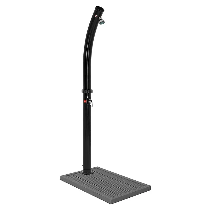 ML-Design Solardusche Fußdusche und Regenduschkopf - Höhe: 222 cm, Kunststoff, Schwarz, 20 l - Schwarze freistehende Außendusche mit Chromkopf und grauer Lattenrostbasis.