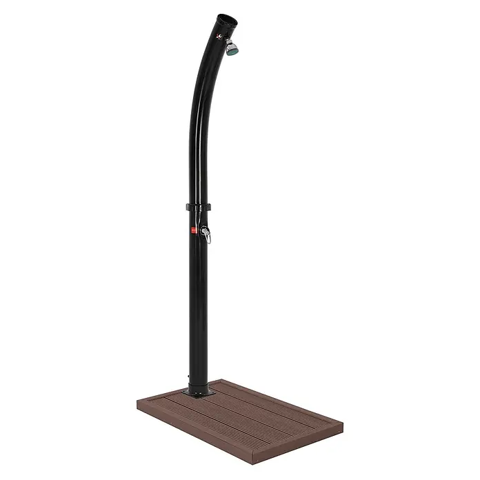 ML-Design Solardusche Fußdusche und Regenduschkopf - Höhe: 11,5 cm, Kunststoff, Schwarz, 20 l - Schwarze Solardusche mit gebogenem Rohr, Chrombrause, seitlichem Wasserhahn und brauner WPC-Plattform.