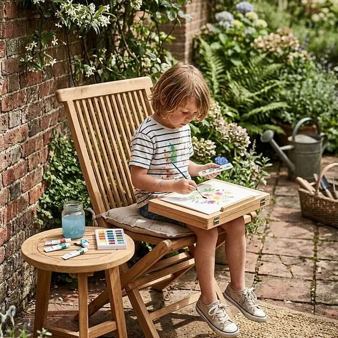 Bene Living Gartenstuhl Langton - 1 Stk., Teakholz, Klappbar, natur - Ein Kind malt Aquarelle auf einem hellen Gartenstuhl aus Holz, daneben ein passender Beistelltisch mit Malutensilien.