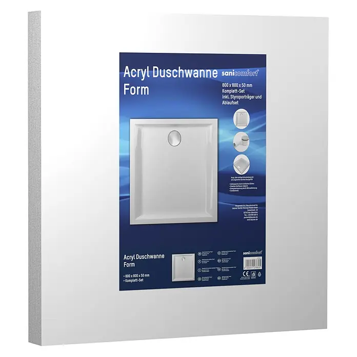 Sanicomfort Duschwannen-Set FORM - L x B: 80 x 80 cm, Kunststoff, Weiß - Weisse Acryl-Duschwanne mit zentralem Ablauf, als Komplett-Set.
