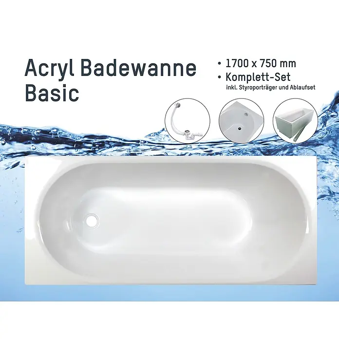 Sanicomfort Badewannen-Set Basic - Weiß, 170 x 75 cm - Weiße Acryl-Badewanne (1700x750 mm) als Komplett-Set mit Styroporträger und Ablaufgarnitur.