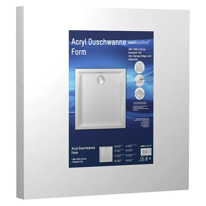 Sanicomfort Duschwannen-Set FORM - L x B: 90 x 90 cm, Kunststoff, Weiß - Weiße quadratische Acryl-Duschwanne, 900x900x50mm, mit Styroporträger und Ablaufset.