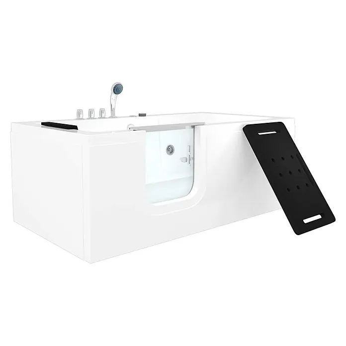 AcquaVapore Badewanne Fertigdusche S15WP-TH-L - 150 x 75 cm, Acryl, Weiß - Weiße begehbare Badewanne mit transparenter Einstiegstür, Chromarmaturen und schwarzer Antirutschmatte für sicheren Zugang.