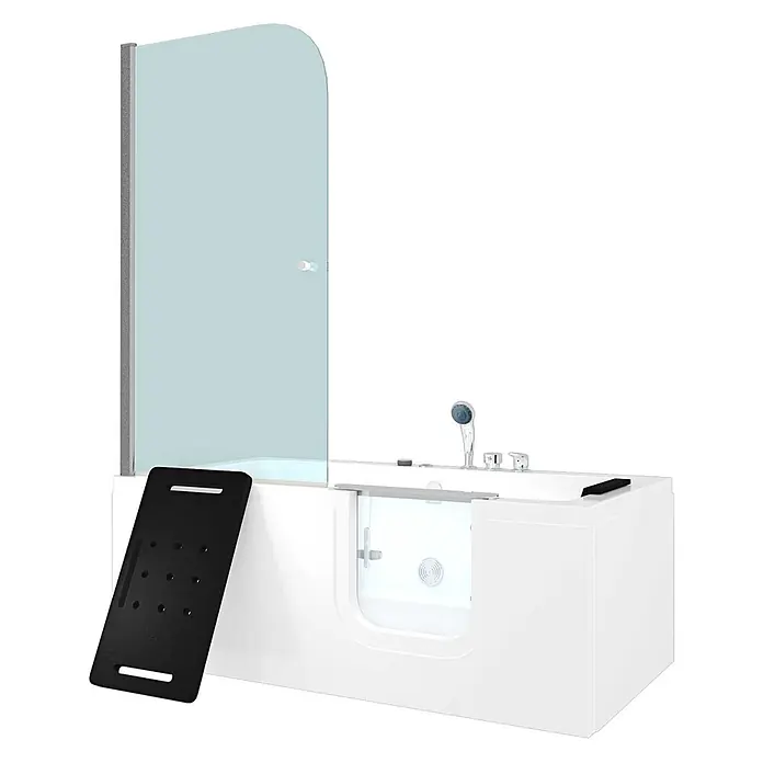 AcquaVapore Badewanne Fertigdusche S15D-WP-EH-R-EC - Acryl, Weiß - Weiße barrierefreie Badewanne mit Duschabtrennung, transparenter Tür, Handbrause und schwarzer Matte.